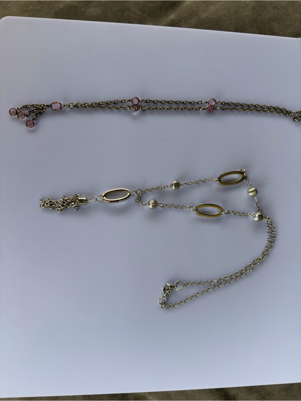 Two Silver Tone Statement Necklaces | Pink Drops & Oval Link Tassel
